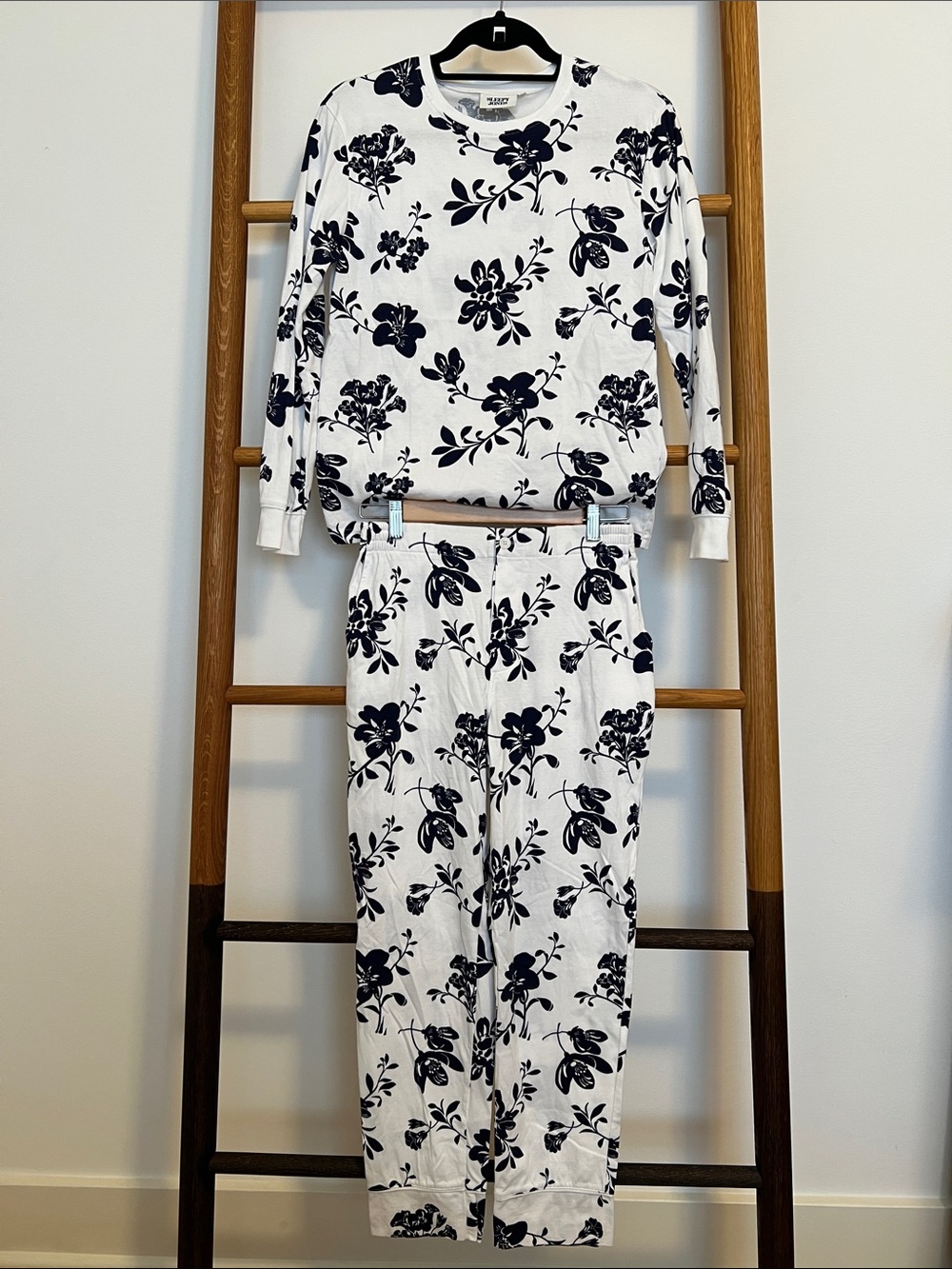 Sleepy Jones White & Navy Floral Thermal Long Sleeve Pajama Set - Size S